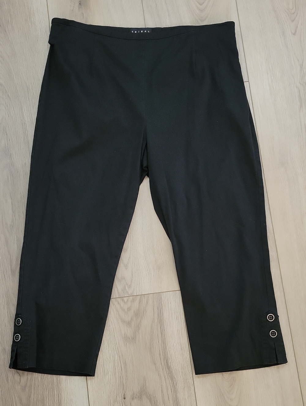 Tribal Black Cropped Ponte Capris with Button Tab Detail